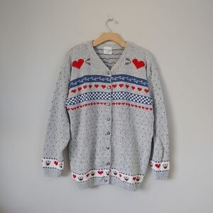 Premier Knitwear Vintage Cotton Knit Cardigan Sweater Size Large Hearts Grey